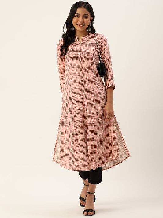 White & Pink Geometric Printed A-Line Kurta