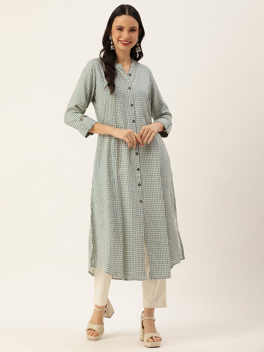 White & Blue Geometric Printed A-Line Kurta