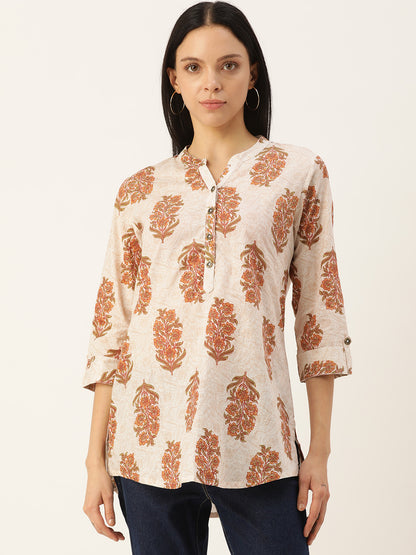 Beige Floral Mandarin Collar Tunic