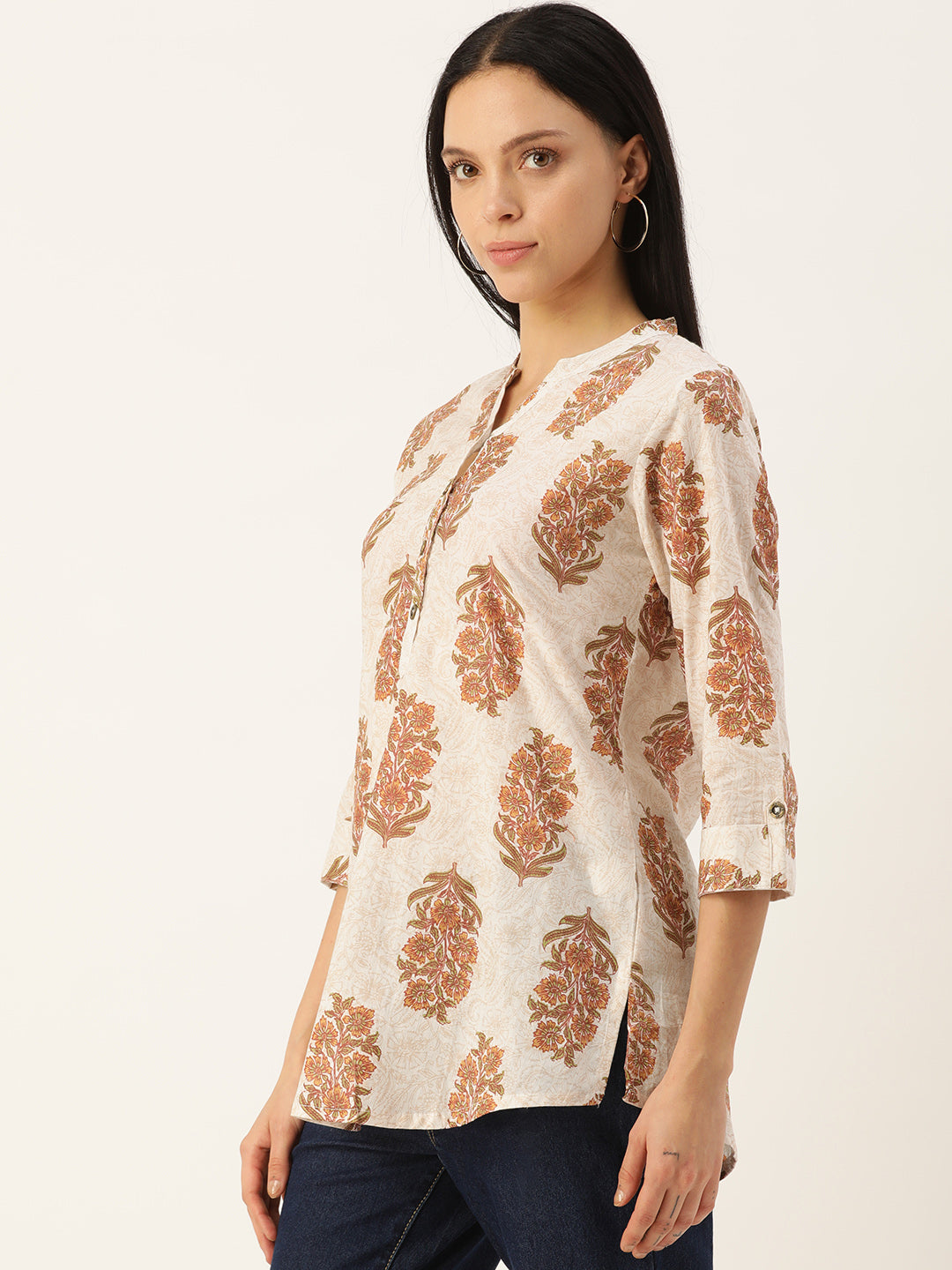 Beige Floral Mandarin Collar Tunic