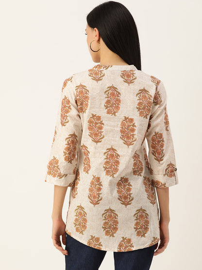 Beige Floral Mandarin Collar Tunic