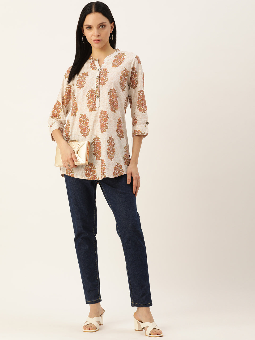 Beige Floral Mandarin Collar Tunic