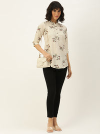 Beige Floral Printed Mandarin Collar Tunic