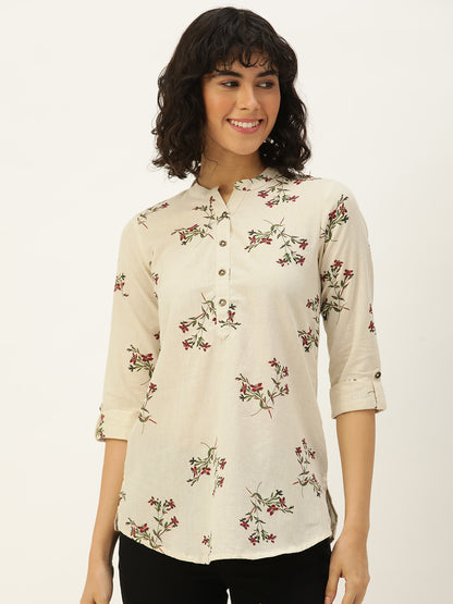 Beige Floral Printed Mandarin Collar Tunic