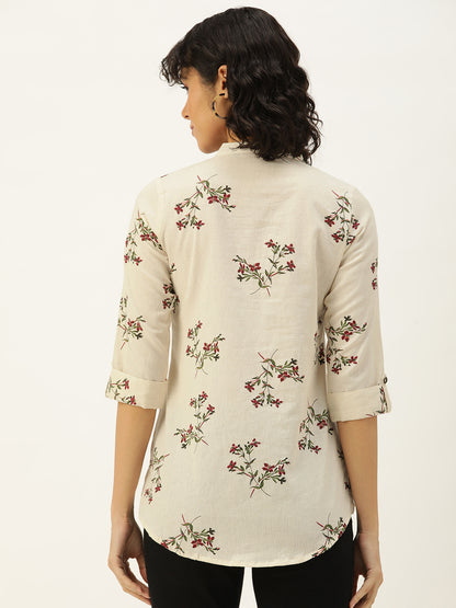 Beige Floral Printed Mandarin Collar Tunic