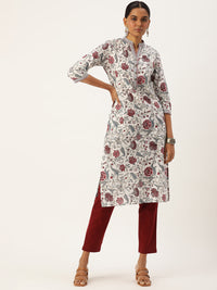 White & Red Ethnic motifs Printed Straight Kurta