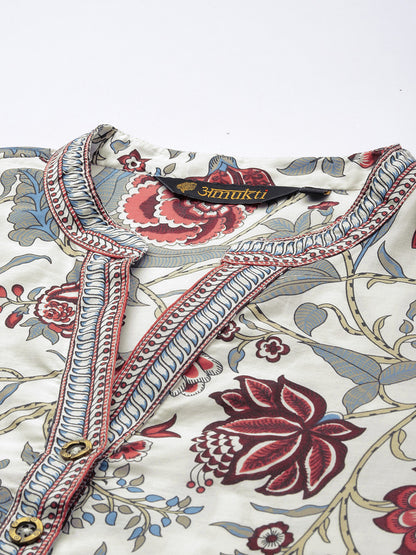 White & Red Ethnic motifs Printed Straight Kurta