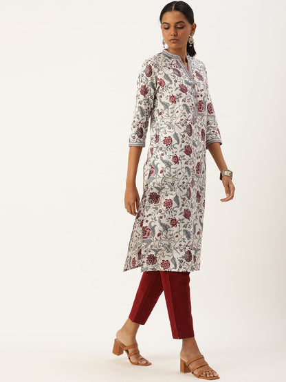 White & Red Ethnic motifs Printed Straight Kurta