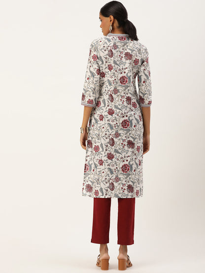 White & Red Ethnic motifs Printed Straight Kurta