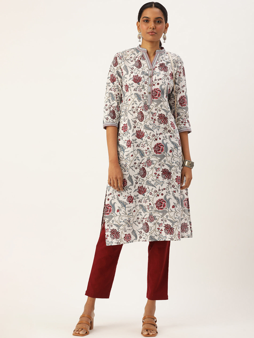 White & Red Ethnic motifs Printed Straight Kurta