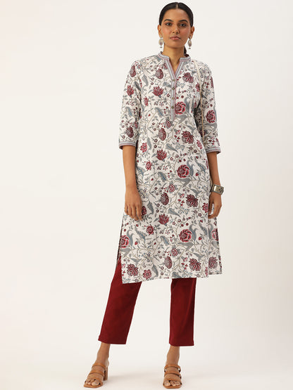 White & Red Ethnic motifs Printed Straight Kurta