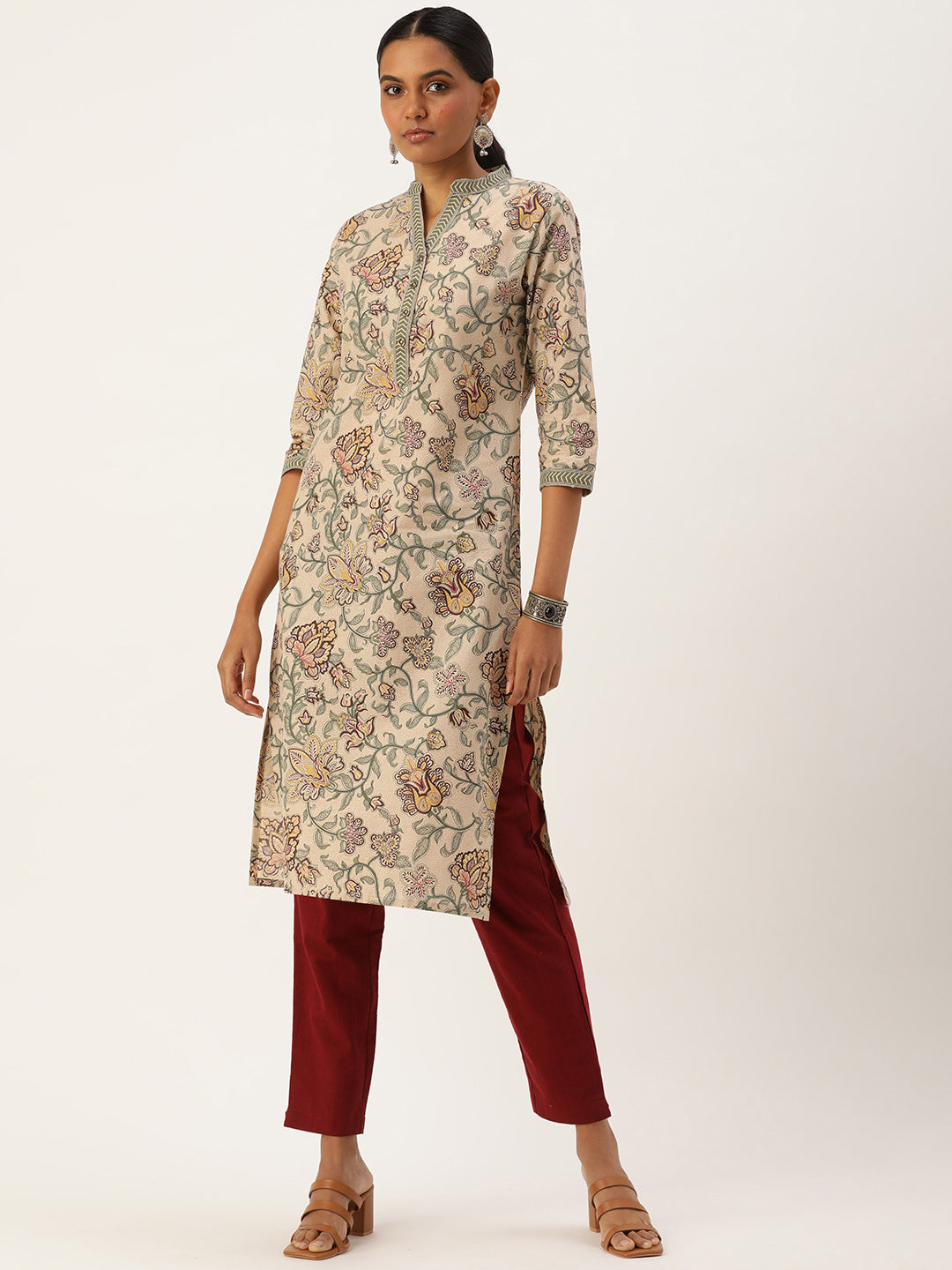 Beige & Grey Ethnic motifs Printed Straight Kurta