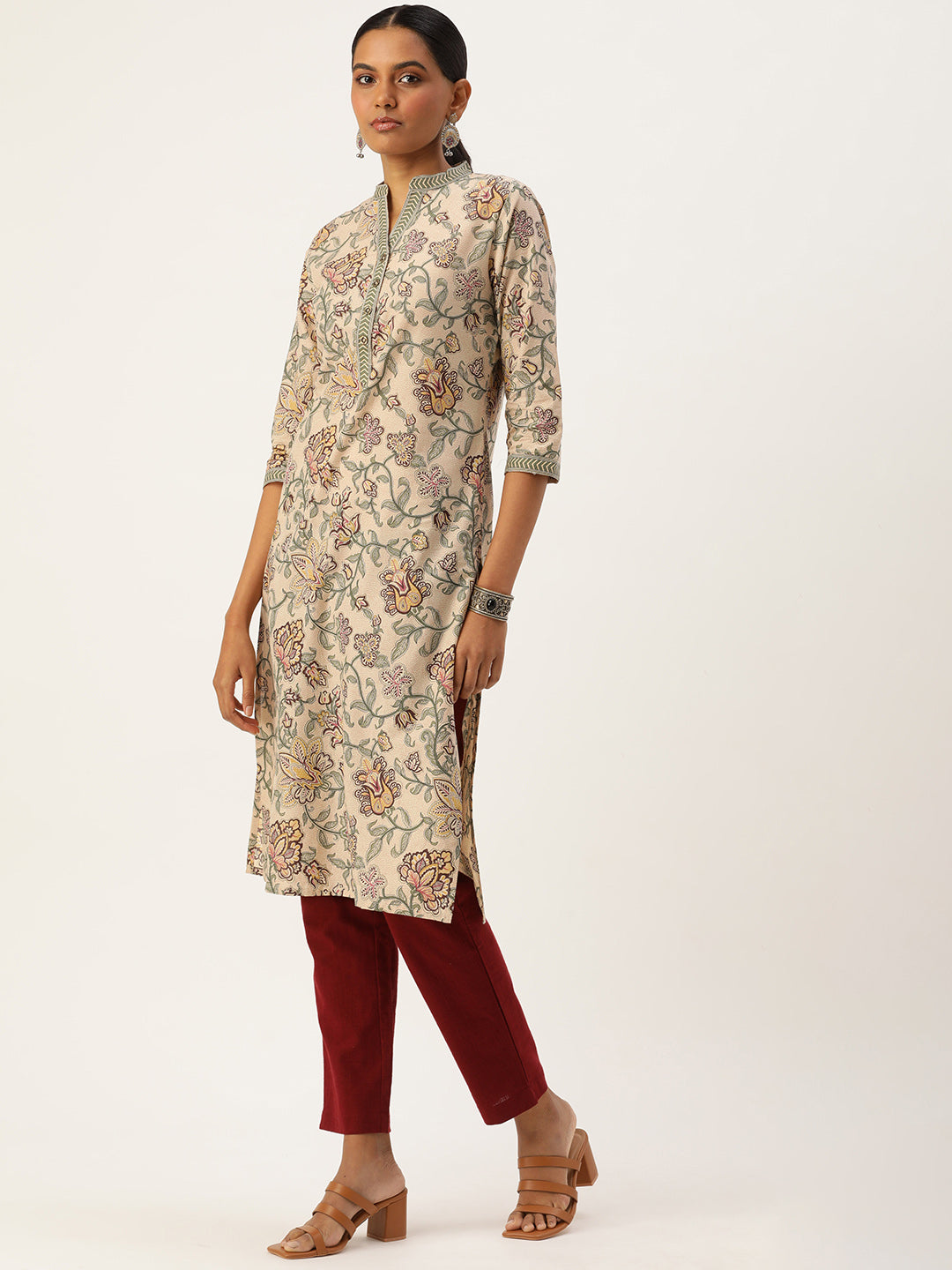 Beige & Grey Ethnic motifs Printed Straight Kurta