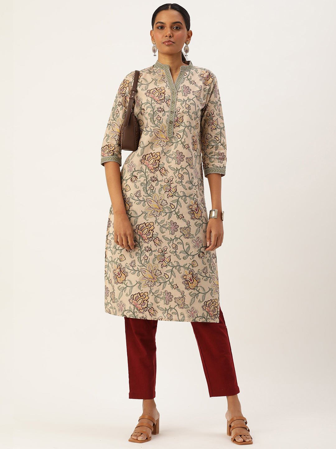 Beige & Grey Ethnic motifs Printed Straight Kurta