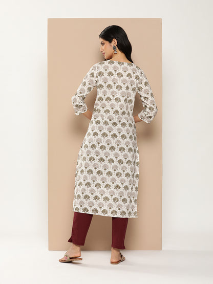 White Floral Printed Kurta