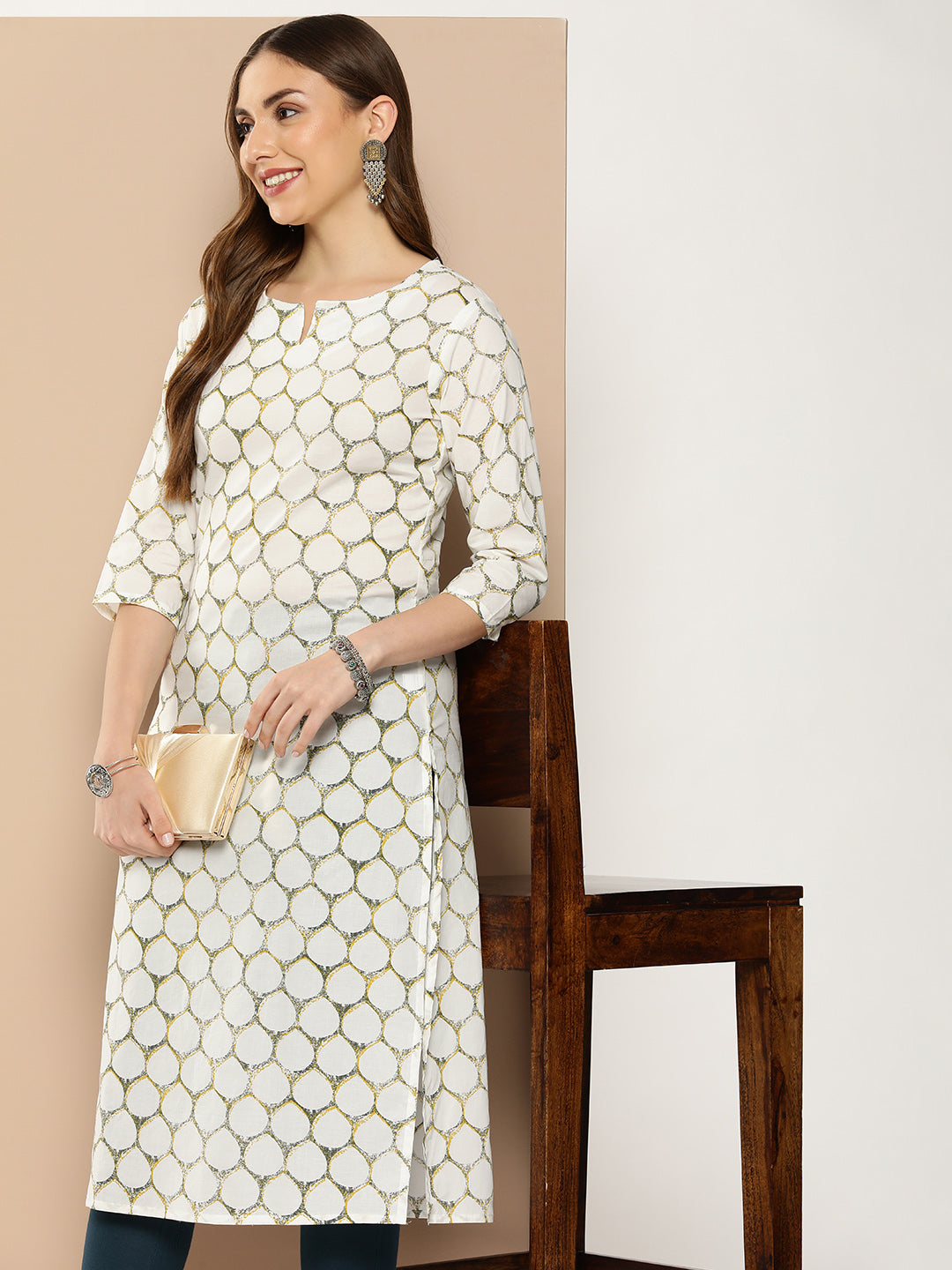 White Geometric Printed Kurta