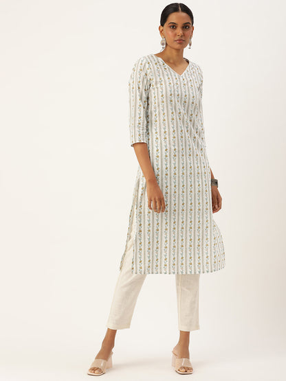 White & Yellow Ethnic motifs Printed Straight Kurta