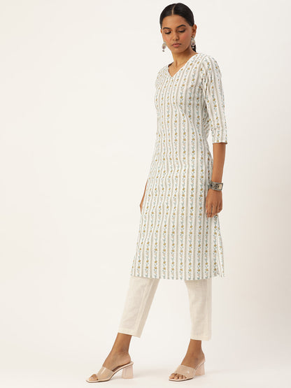 White & Yellow Ethnic motifs Printed Straight Kurta