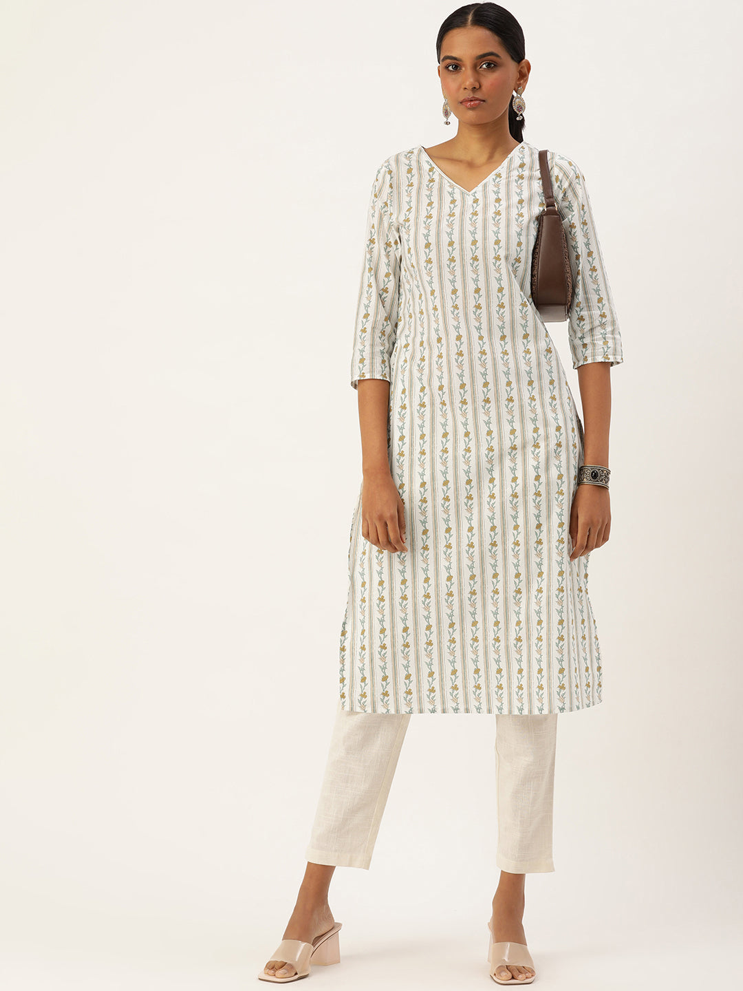 White & Yellow Ethnic motifs Printed Straight Kurta