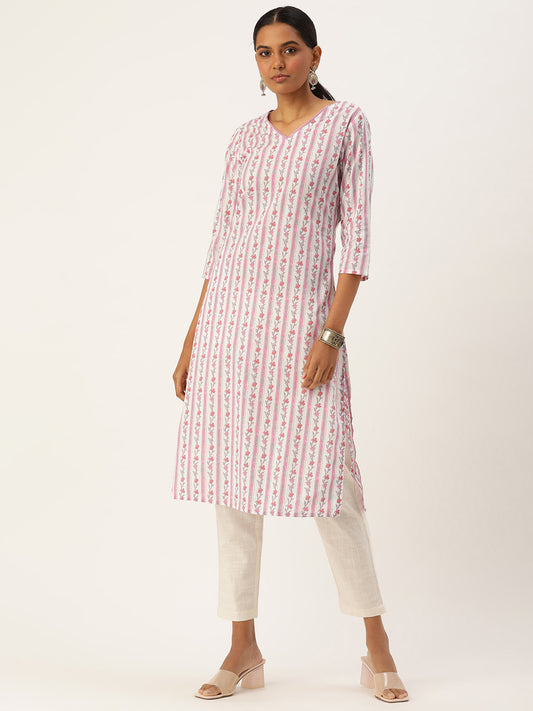 White & Pink Ethnic motifs Printed Straight Kurta