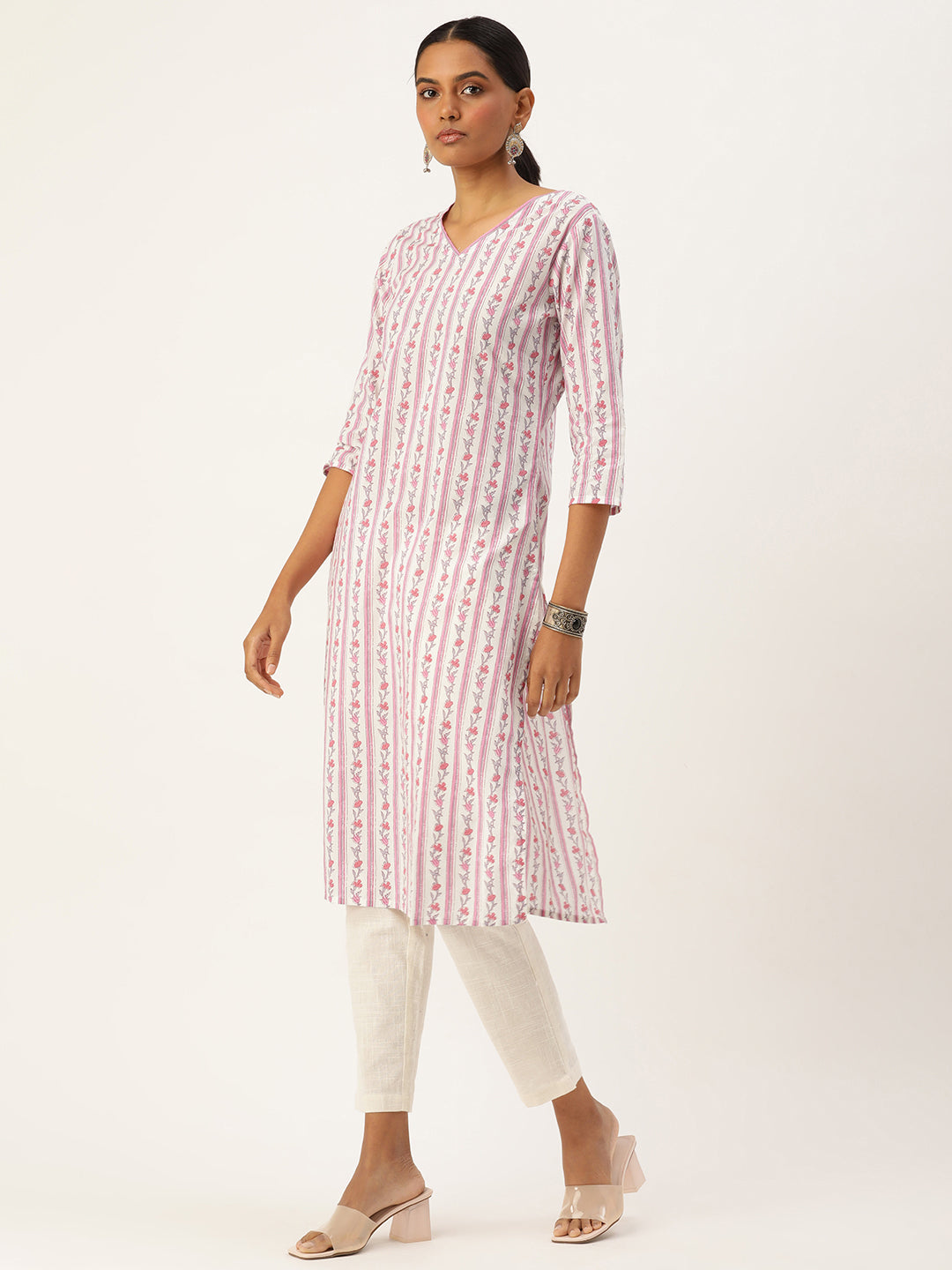 White & Pink Ethnic motifs Printed Straight Kurta