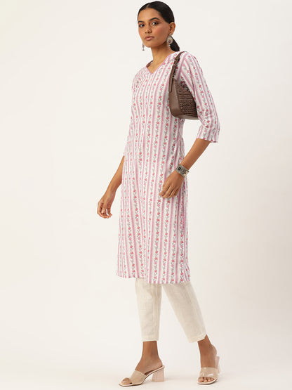 White & Pink Ethnic motifs Printed Straight Kurta