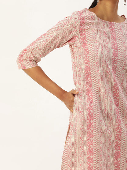 Beige & Pink Floral Printed Straight Kurta