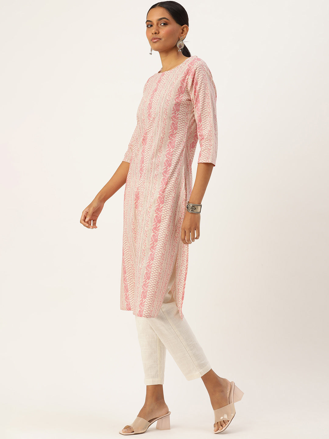 Beige & Pink Floral Printed Straight Kurta