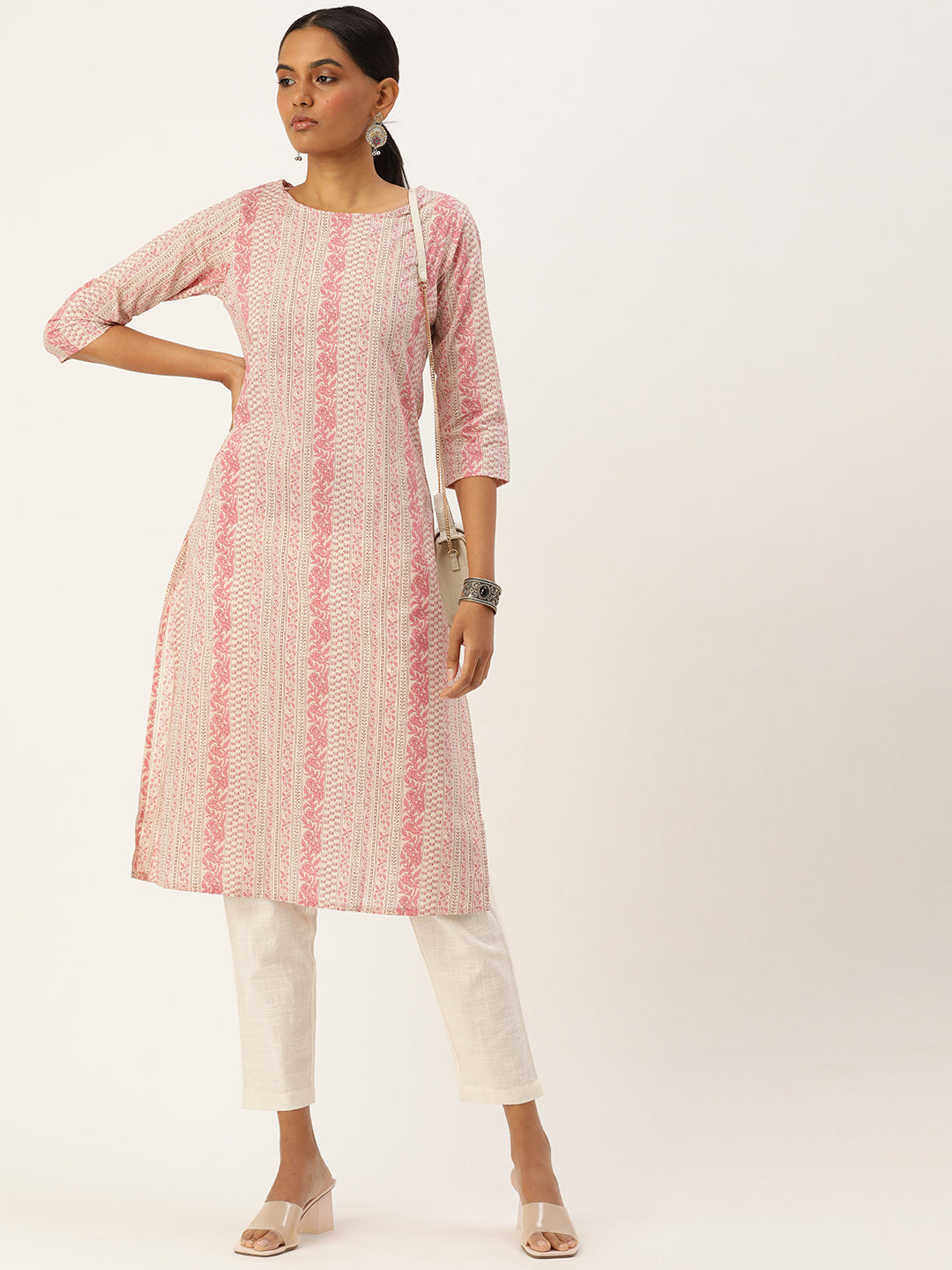 Beige & Pink Floral Printed Straight Kurta