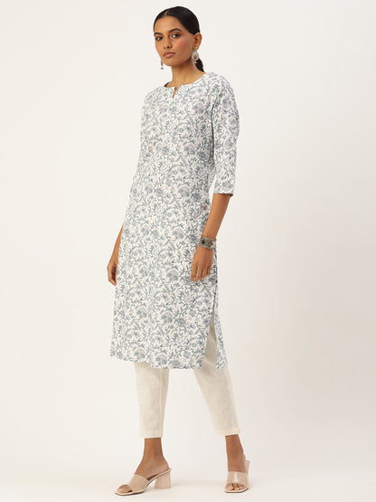 White & Grey Ethnic motifs Printed Straight Kurta