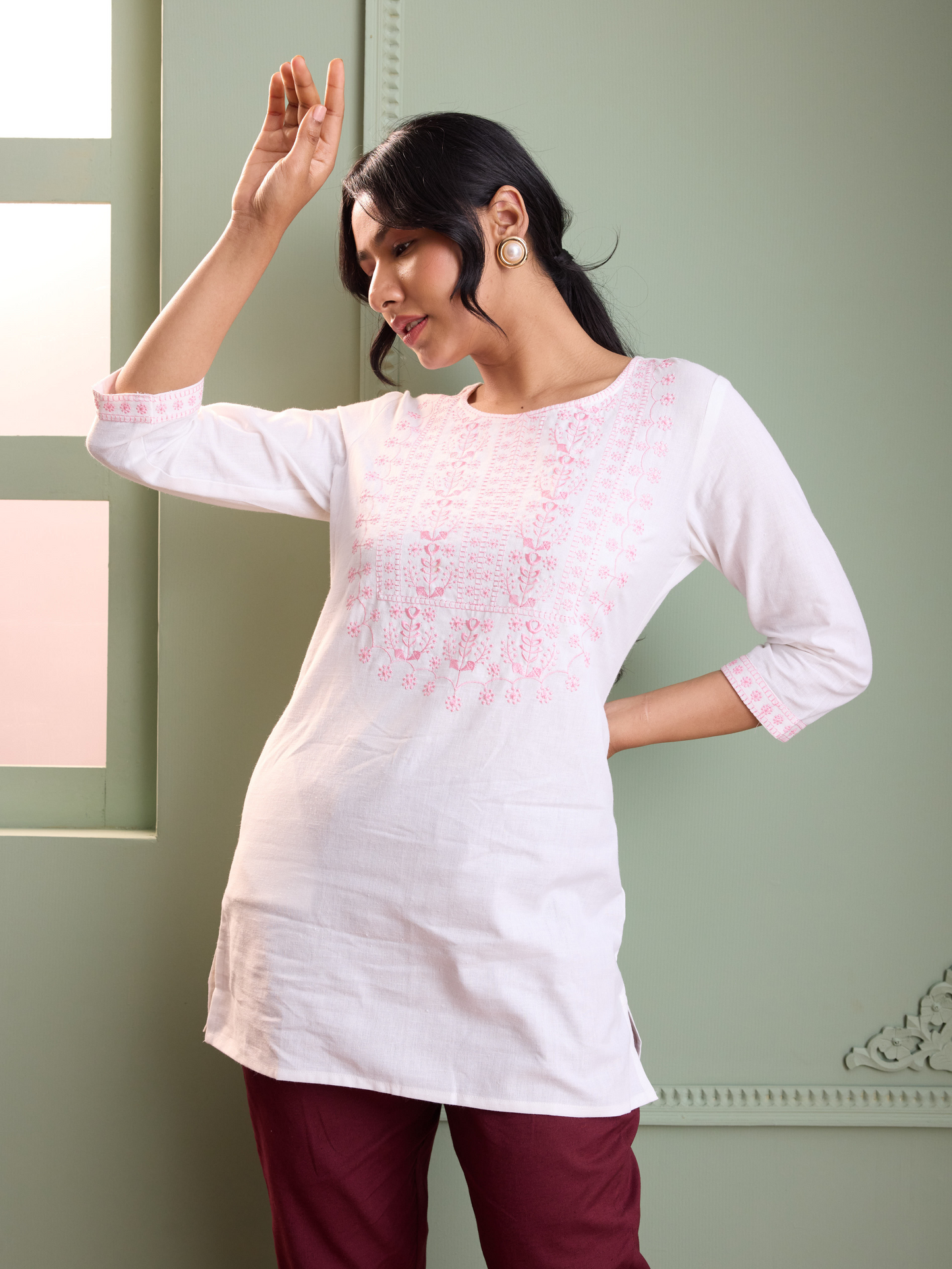 White & Pink Embroidery Tunic