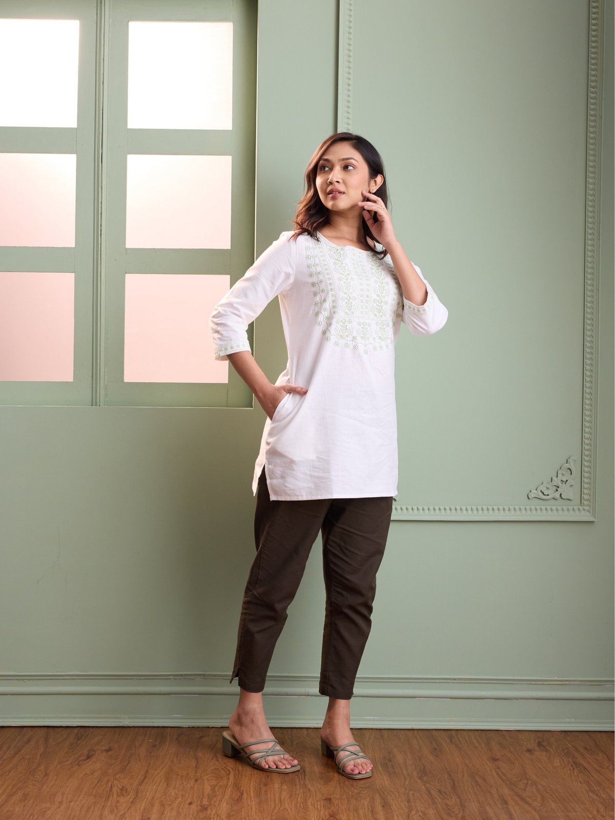 White & Green Embroidery Tunic