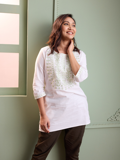 White & Green Embroidery Tunic