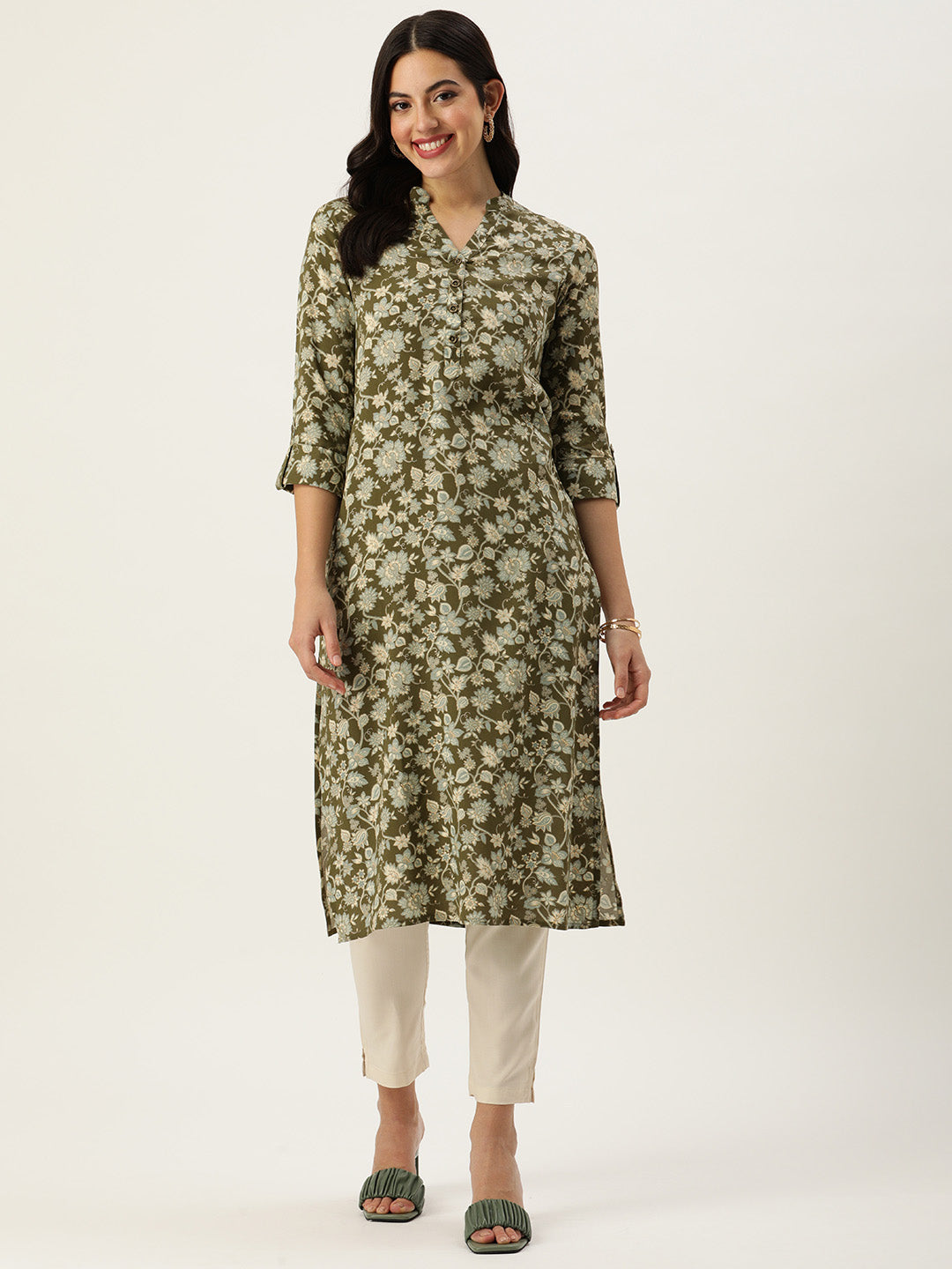 Olive Green Floral Printed Kurta with a pocket 