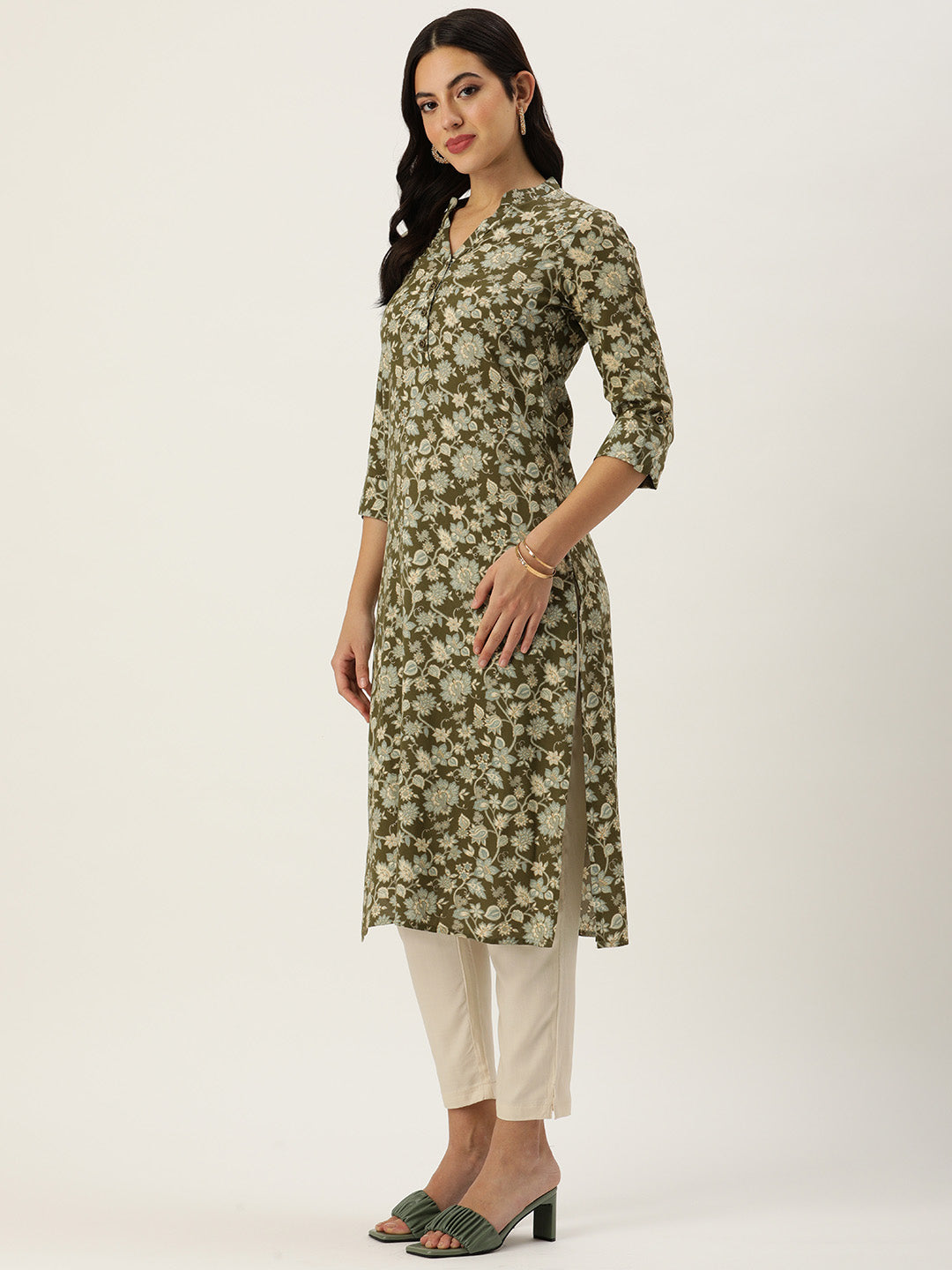 Olive Green Floral Printed Kurta with a pocket 