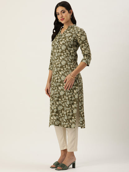 Olive Green Floral Printed Kurta with a pocket 