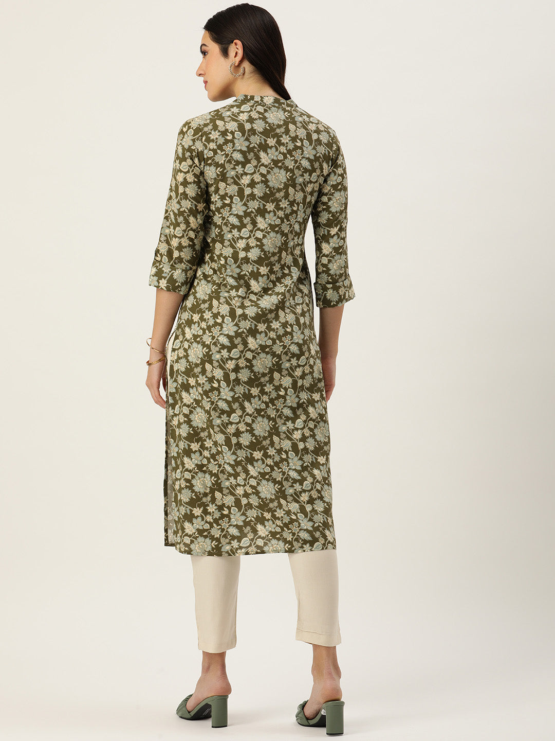 Olive Green Floral Printed Kurta with a pocket 