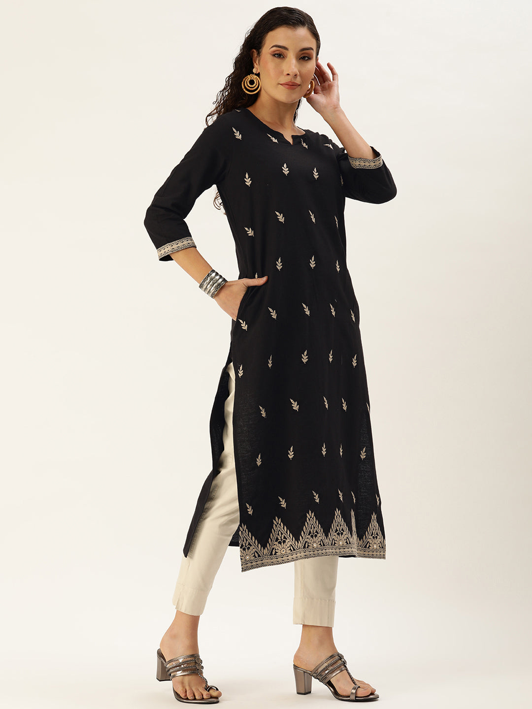 Black Floral Embroidered Thread Work Kurta with a pocket 