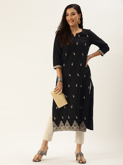 Black Floral Embroidered Thread Work Kurta with a pocket 