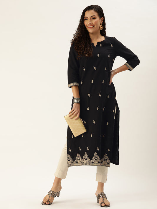 Black Floral Embroidered Thread Work Kurta with a pocket 