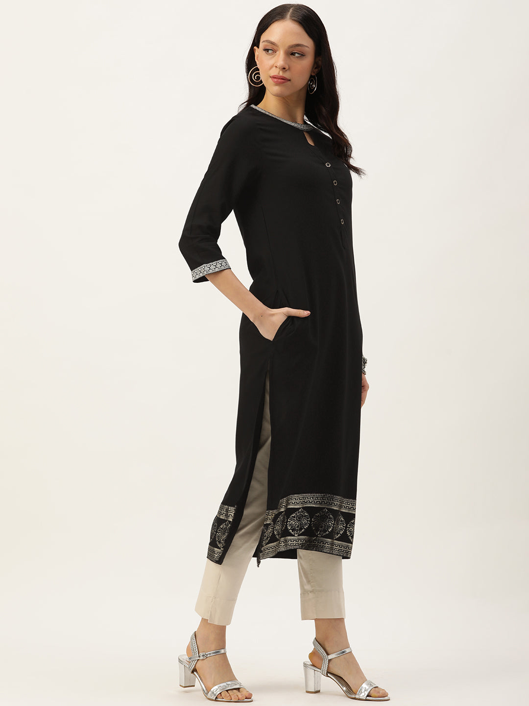 Black Woven Design Keyhole Neck Kurta with a  pocket