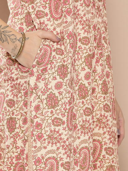 White & Pink Ethnic Motifs Printed Kurta