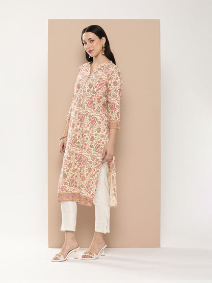 White & Pink Ethnic Motifs Printed Kurta