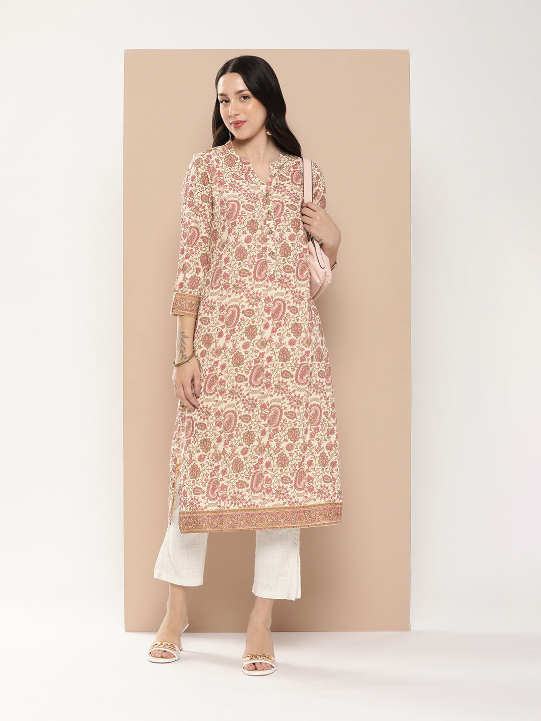 White & Pink Ethnic Motifs Printed Kurta