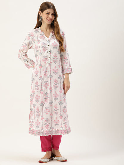 White & Pink Floral Printed Kurta with a pocket 