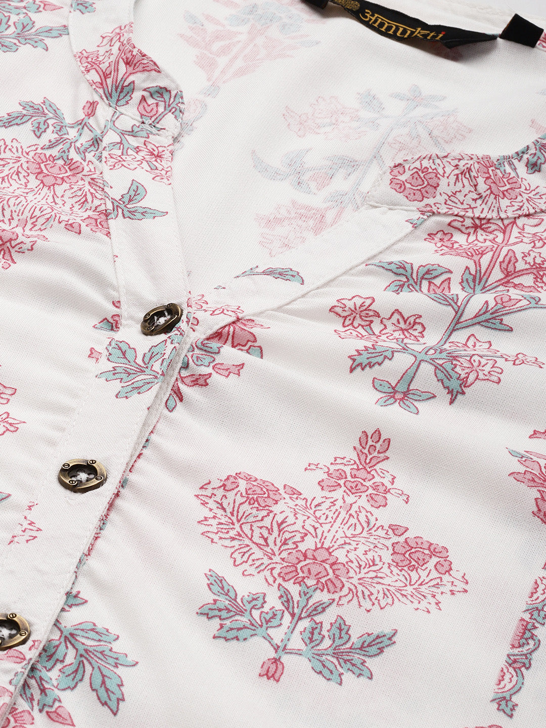 White & Pink Floral Printed Kurta with a pocket 