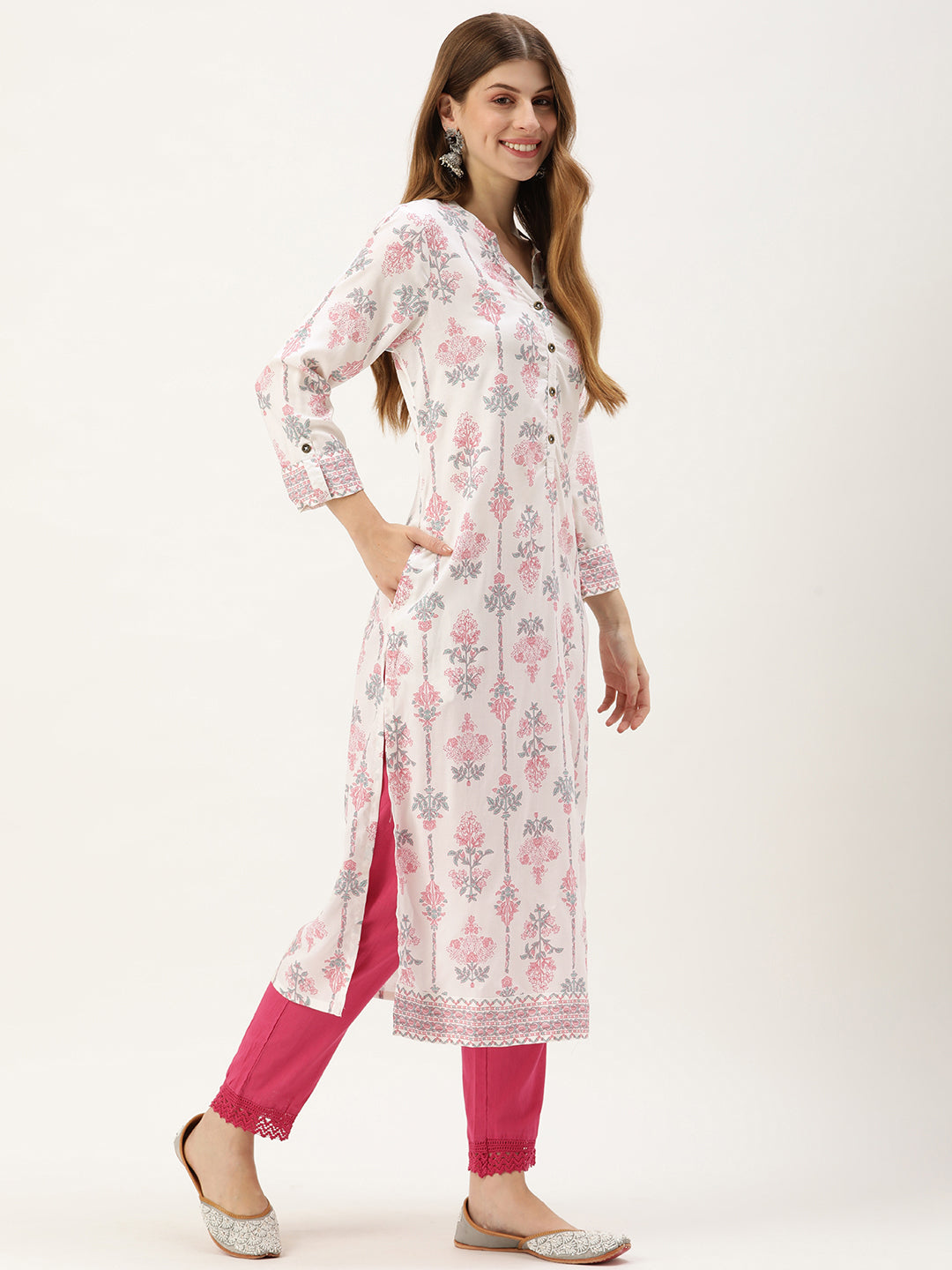 White & Pink Floral Printed Kurta with a pocket 