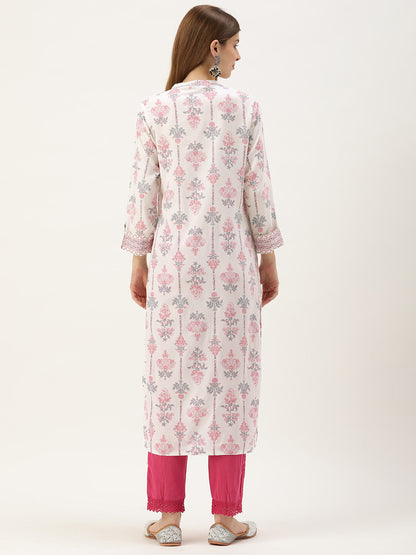 White & Pink Floral Printed Kurta with a pocket 