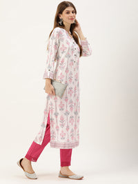 White & Pink Floral Printed Kurta with a pocket 