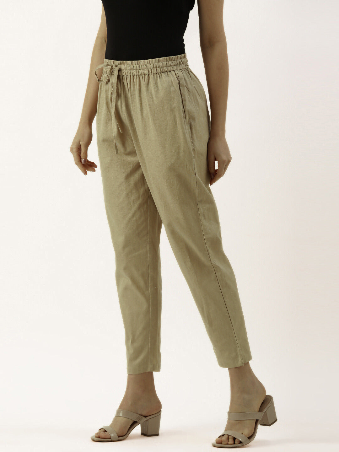 Beige Cotflex Solid Pencil Pant